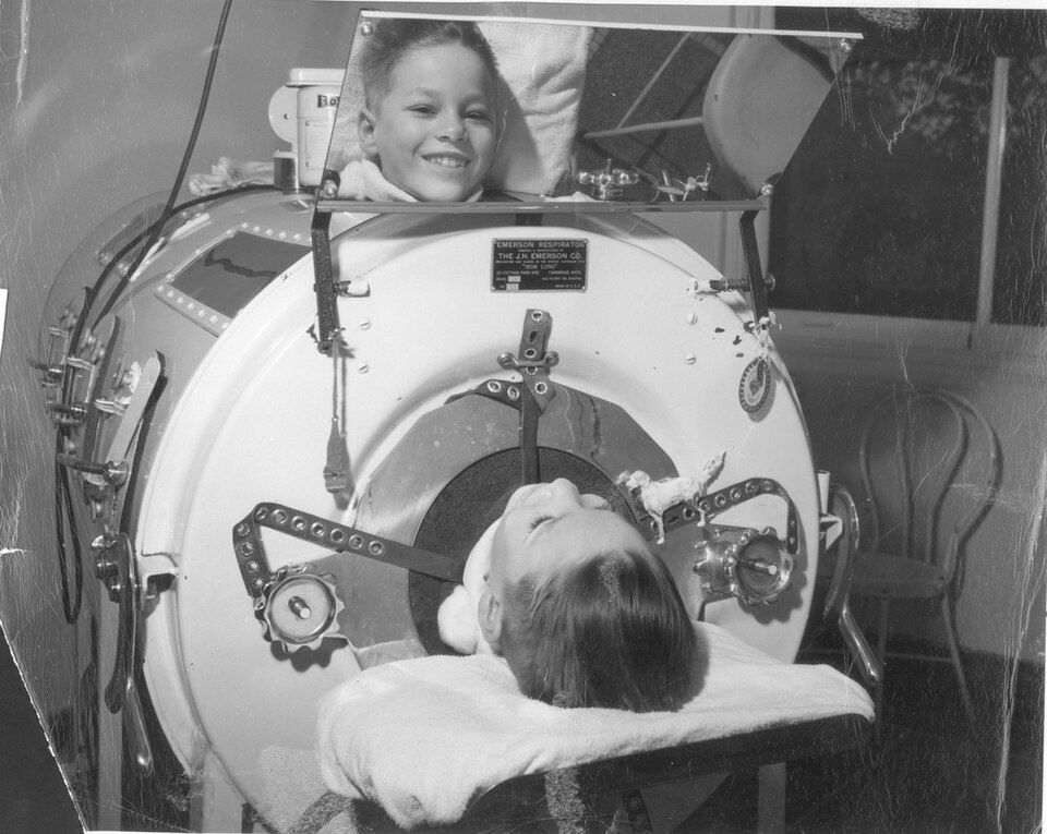 Boy in an iron lung at Herman Kiefer, c. 1955